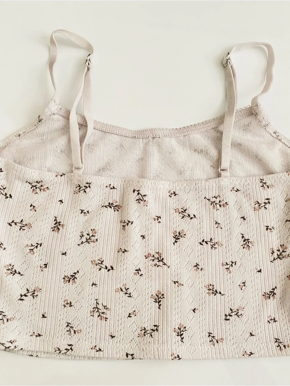 White Cropped cami tank top with Pink Floral Print and Rose Accent - Picture 5 of 7